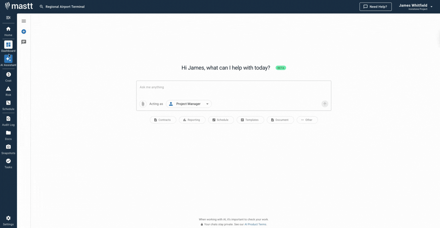 Mastt's AI Assistant chat interface generating project handover templates instantly with role-based customization