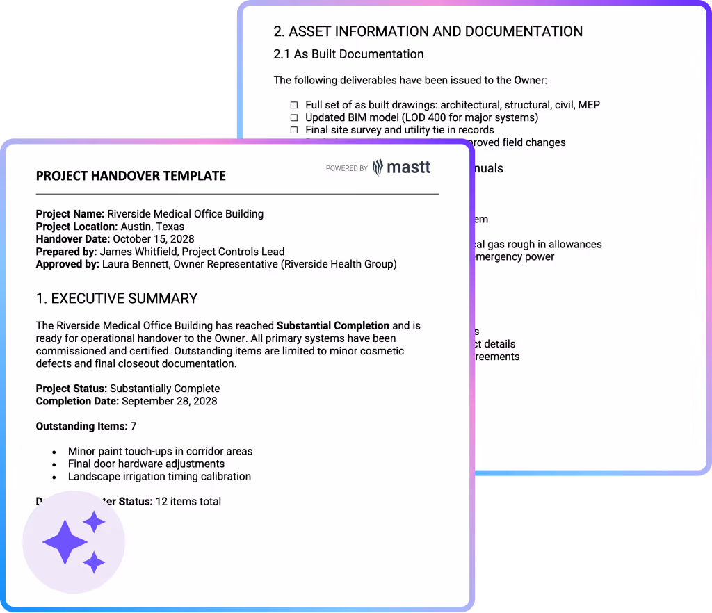 Project handover template example showing substantial completion status, as-built deliverables, and punch list tracking