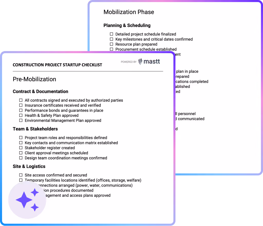 Construction project startup checklist template showing pre-mobilization and mobilization phase verification items
