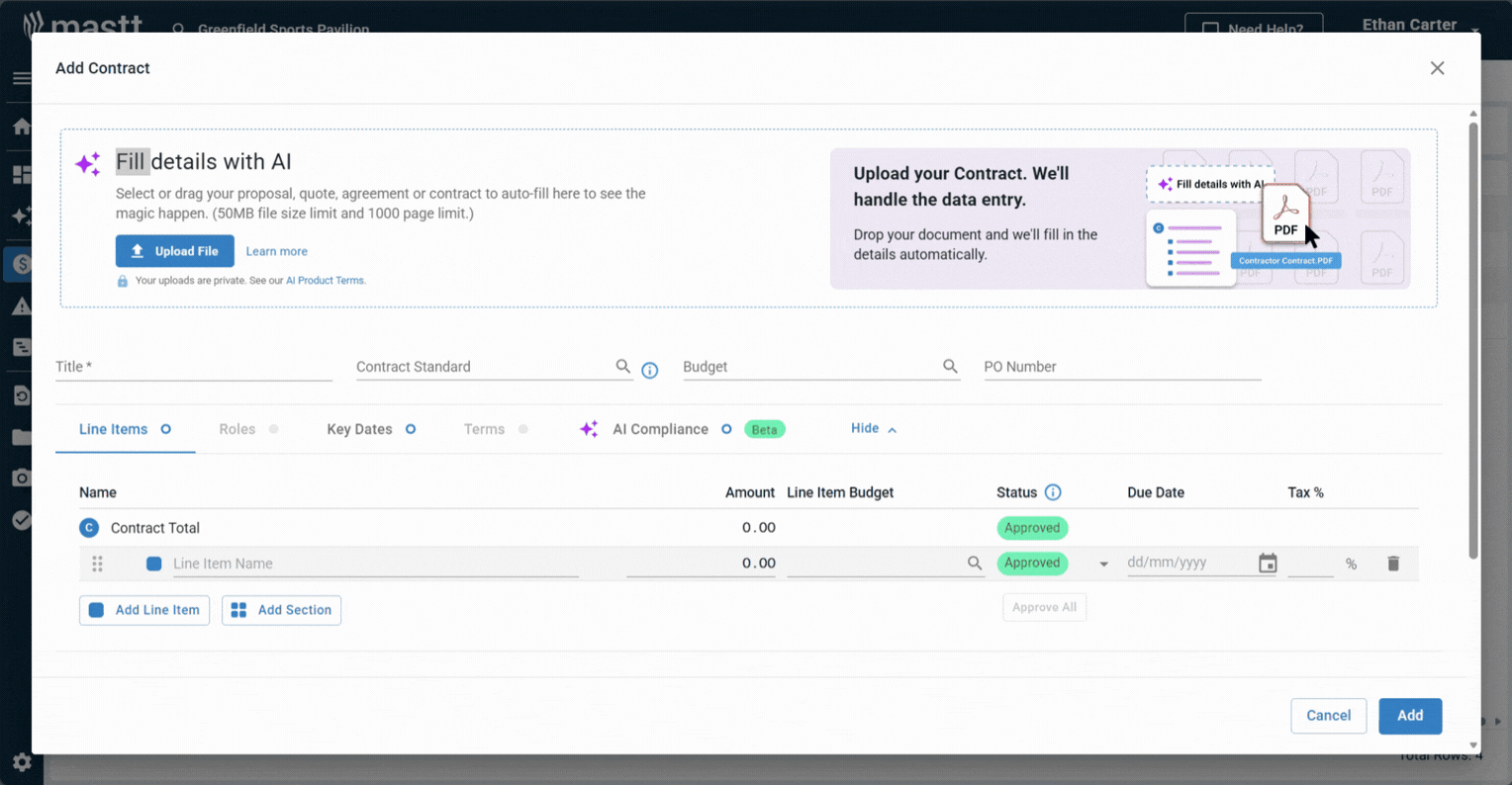 Mastt contract analytics software screen with AI auto-fill extracting contract details from an uploaded PDF.