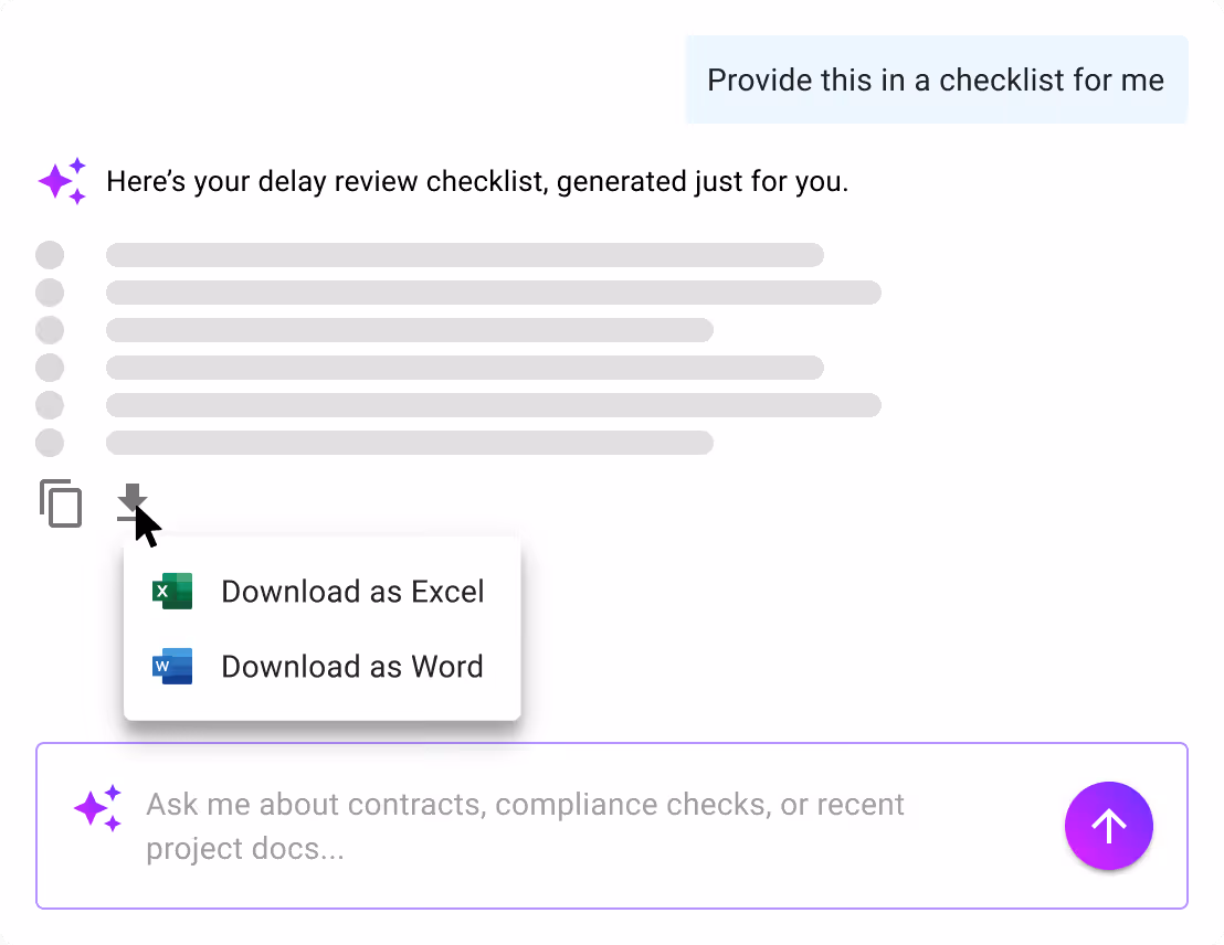 AI Chat generating a delay review checklist with download options for Excel and Word