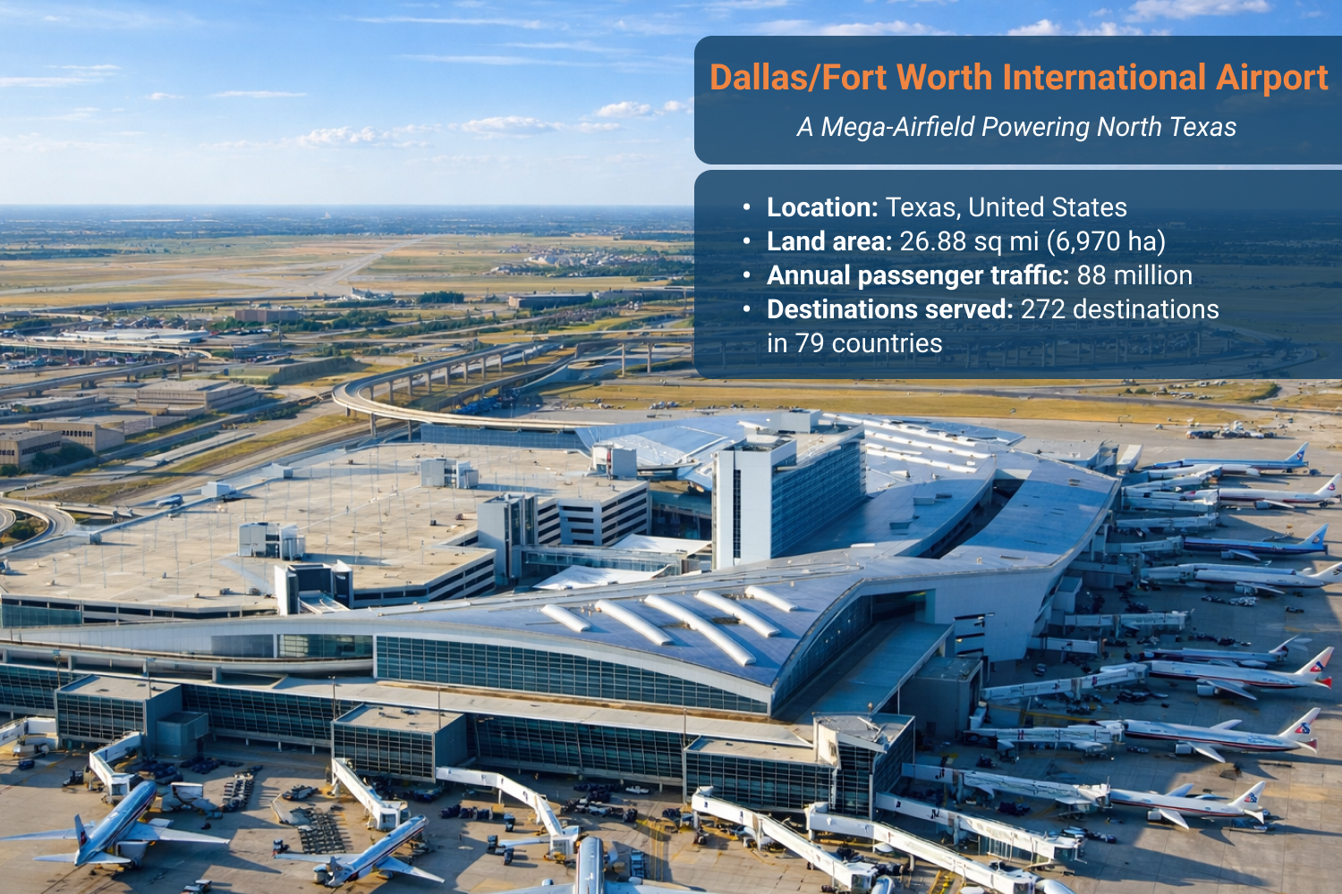 Dallas/Fort Worth International Airport aerial view with multiple terminals, aircraft, and parallel runways.