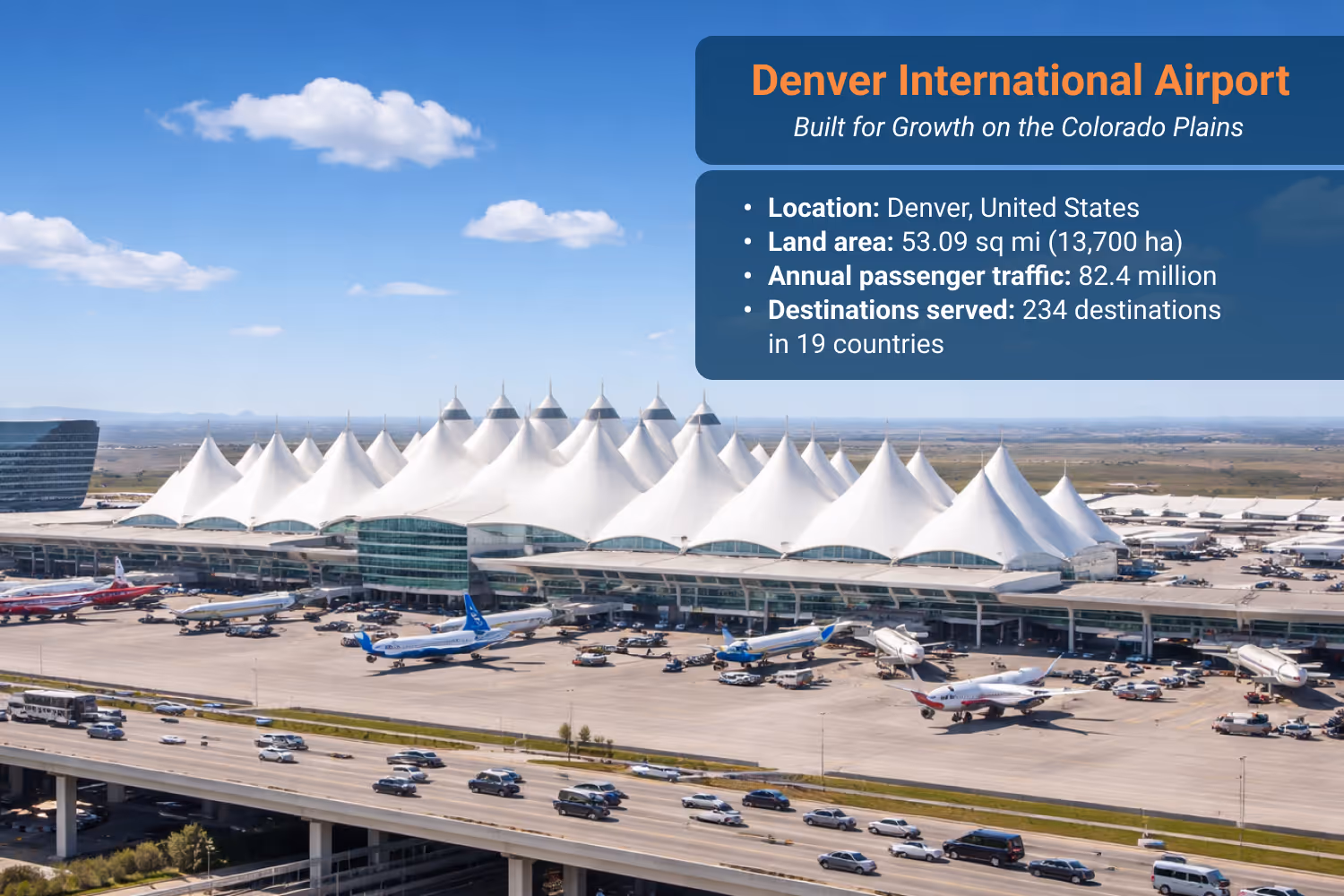 Denver International Airport terminal with white tent-style roof and expansive runways in Colorado.