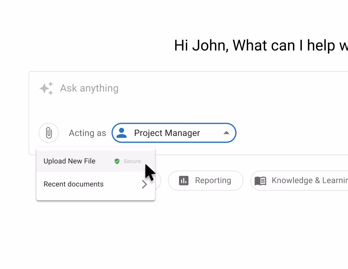 AI PDF Reader interface showing secure PDF upload within a construction project workspace.
