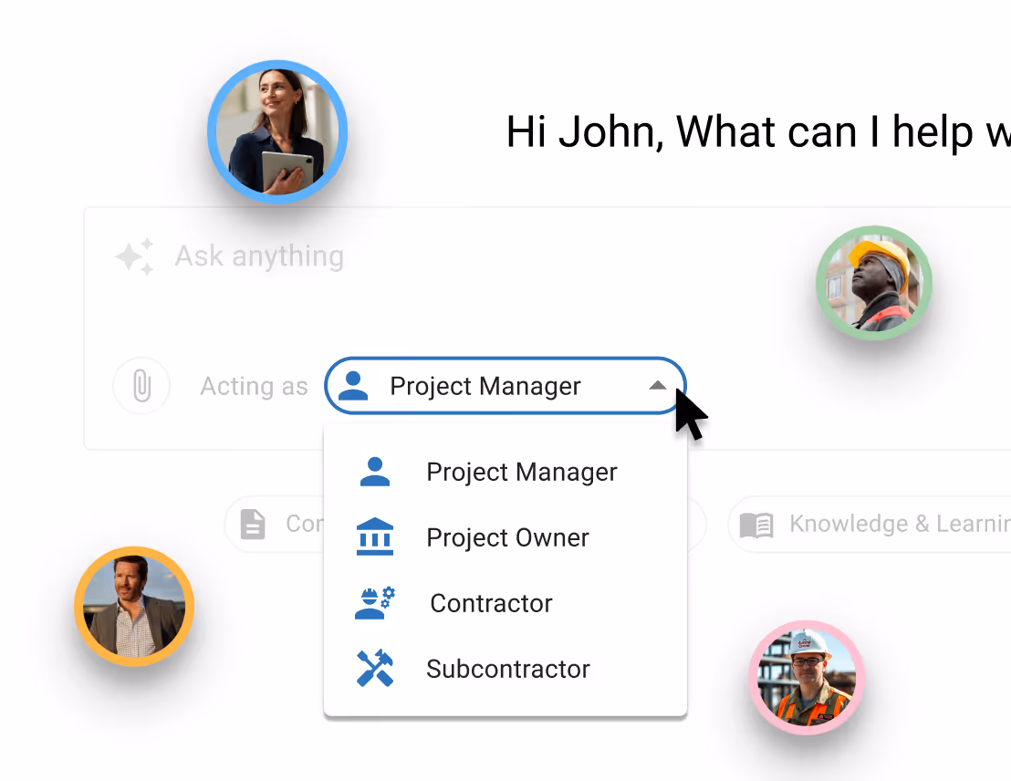 AI Chat role selection menu showing Project Manager, Project Owner, Contractor, and Subcontractor perspectives