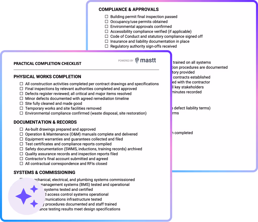 Practical completion checklist template showing inspection categories for verifying building work before handover