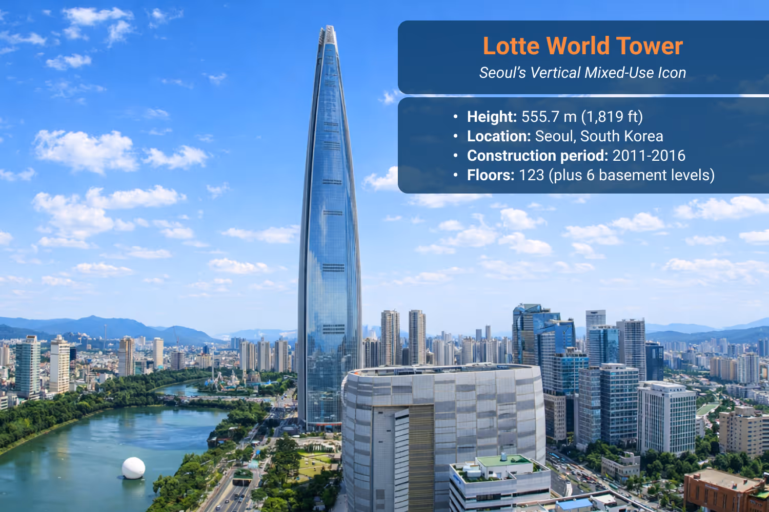 Lotte World Tower skyscraper in Seoul, South Korea, a 555.7-meter mixed-use supertall tower.