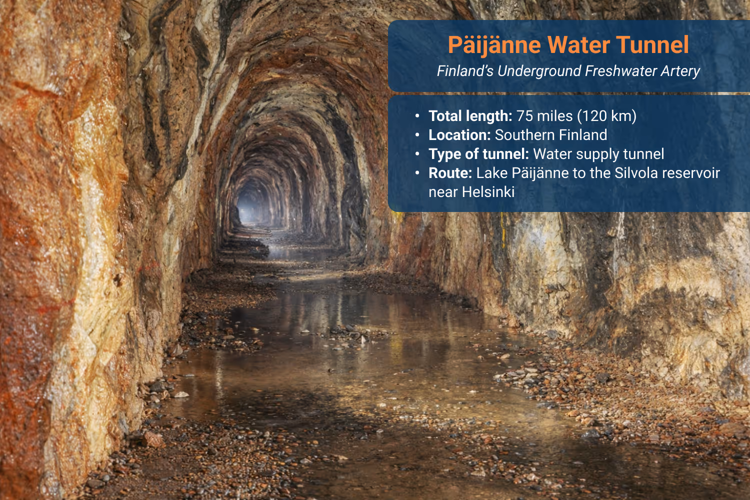 Underground rock tunnel section of the Päijänne Water Tunnel in Finland transporting freshwater to Helsinki.