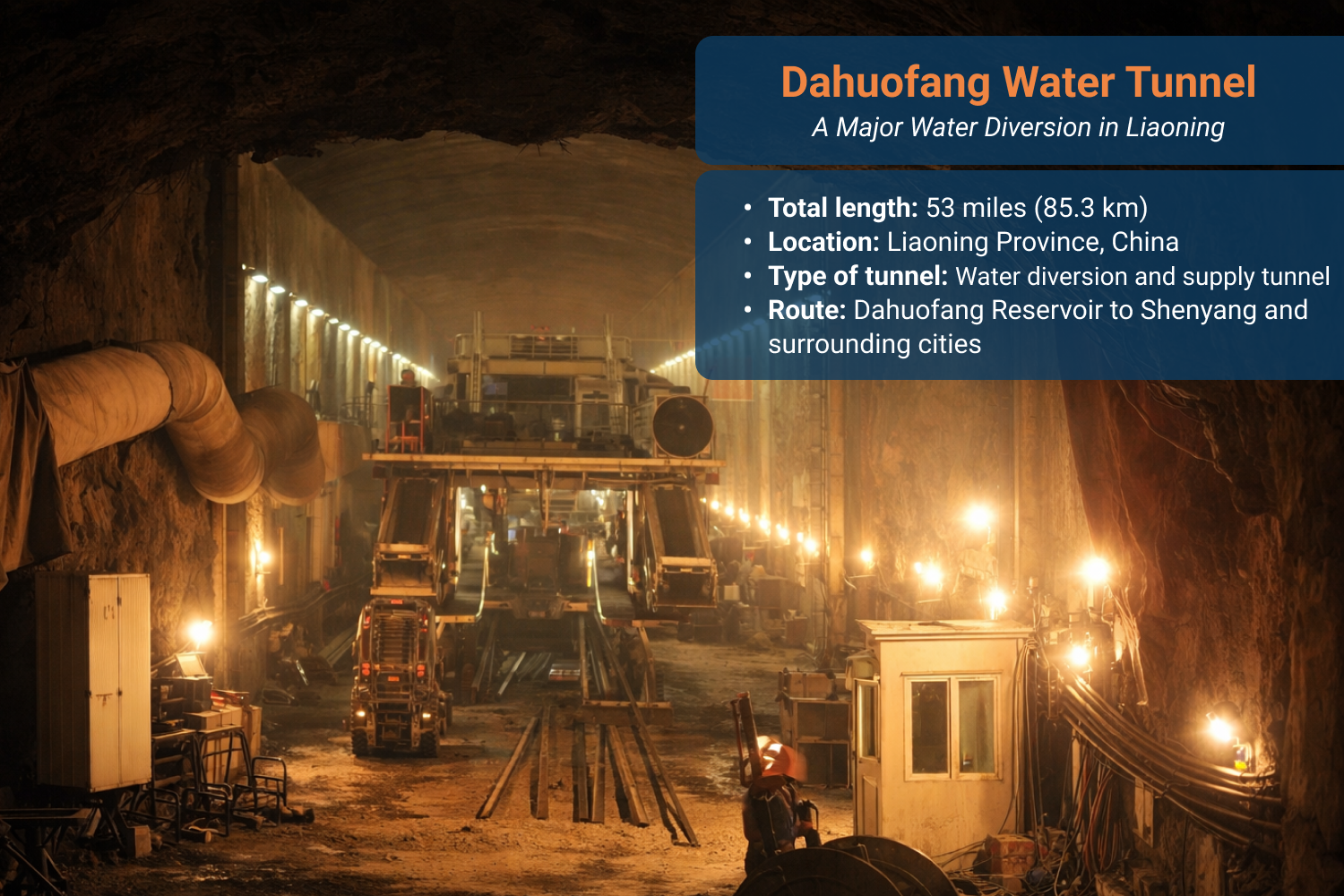 Construction site inside the Dahuofang Water Tunnel in Liaoning, showing large-diameter excavation works.