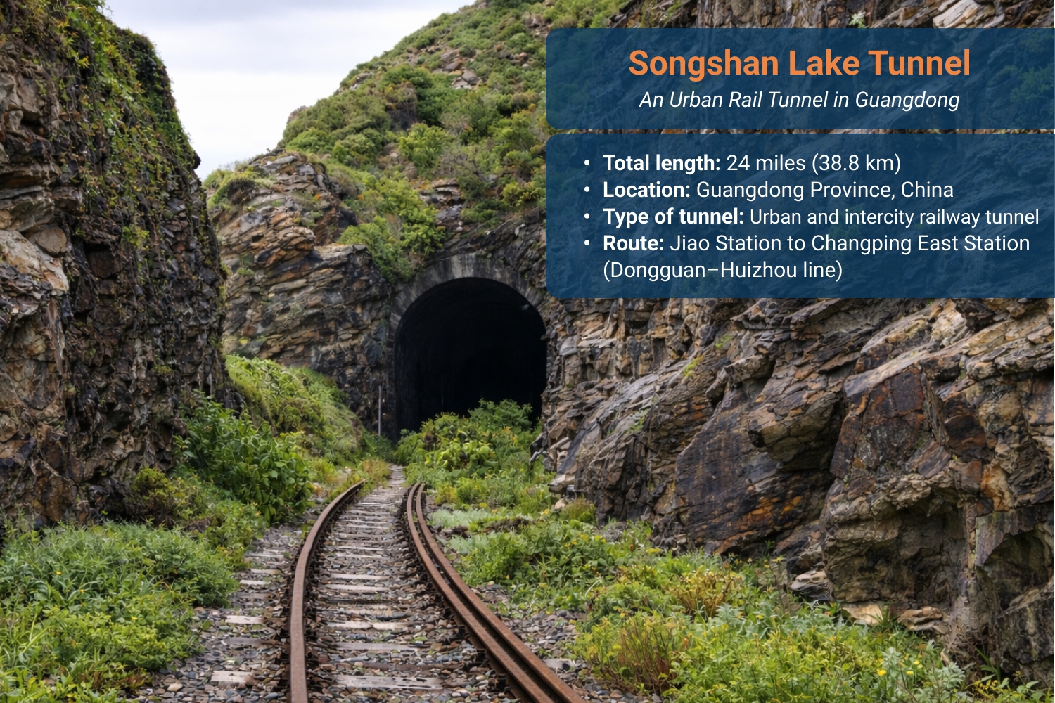 Intercity railway tracks inside the Songshan Lake Tunnel in Guangdong, China.