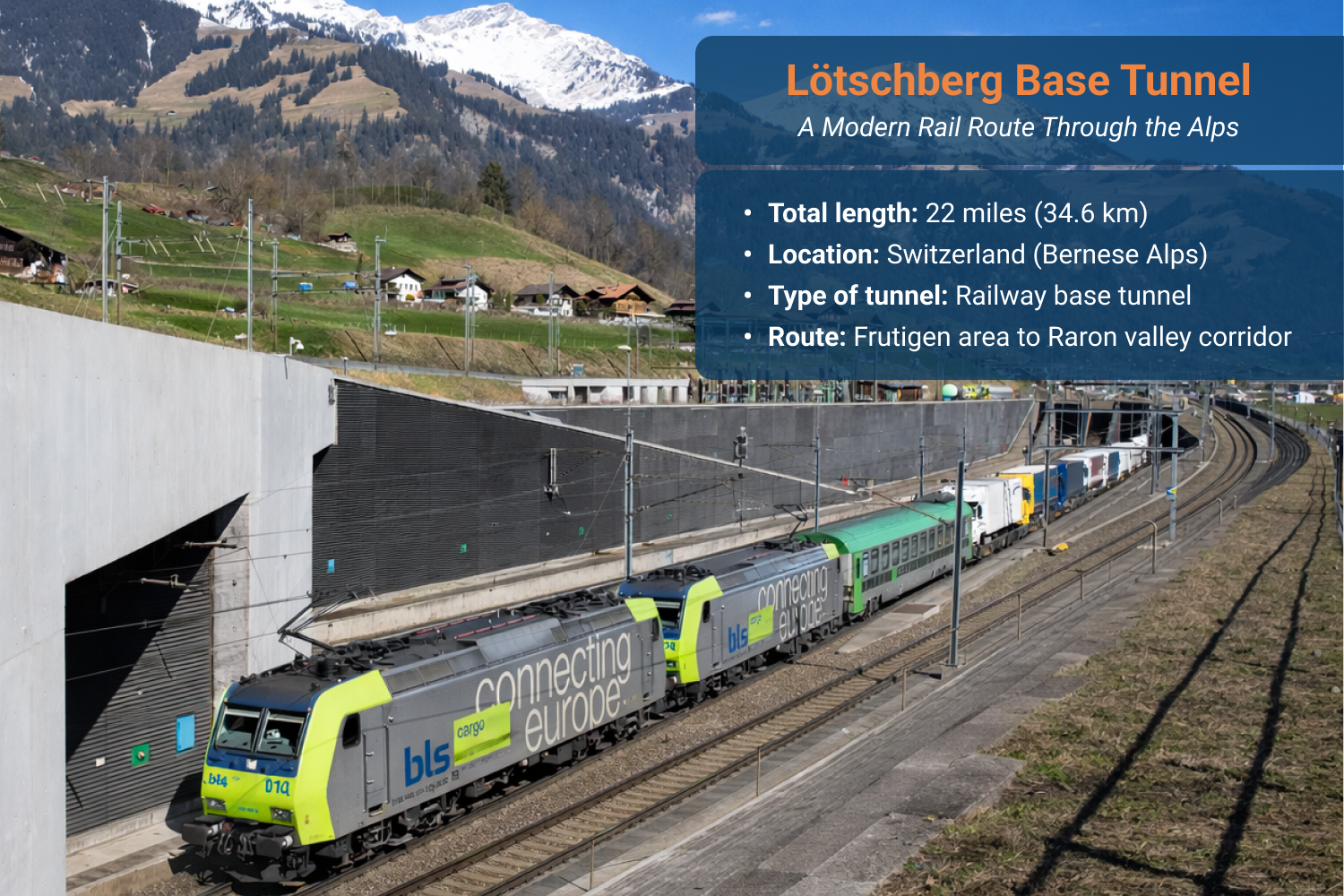 Railway corridor inside the Lötschberg Base Tunnel beneath the Bernese Alps in Switzerland.