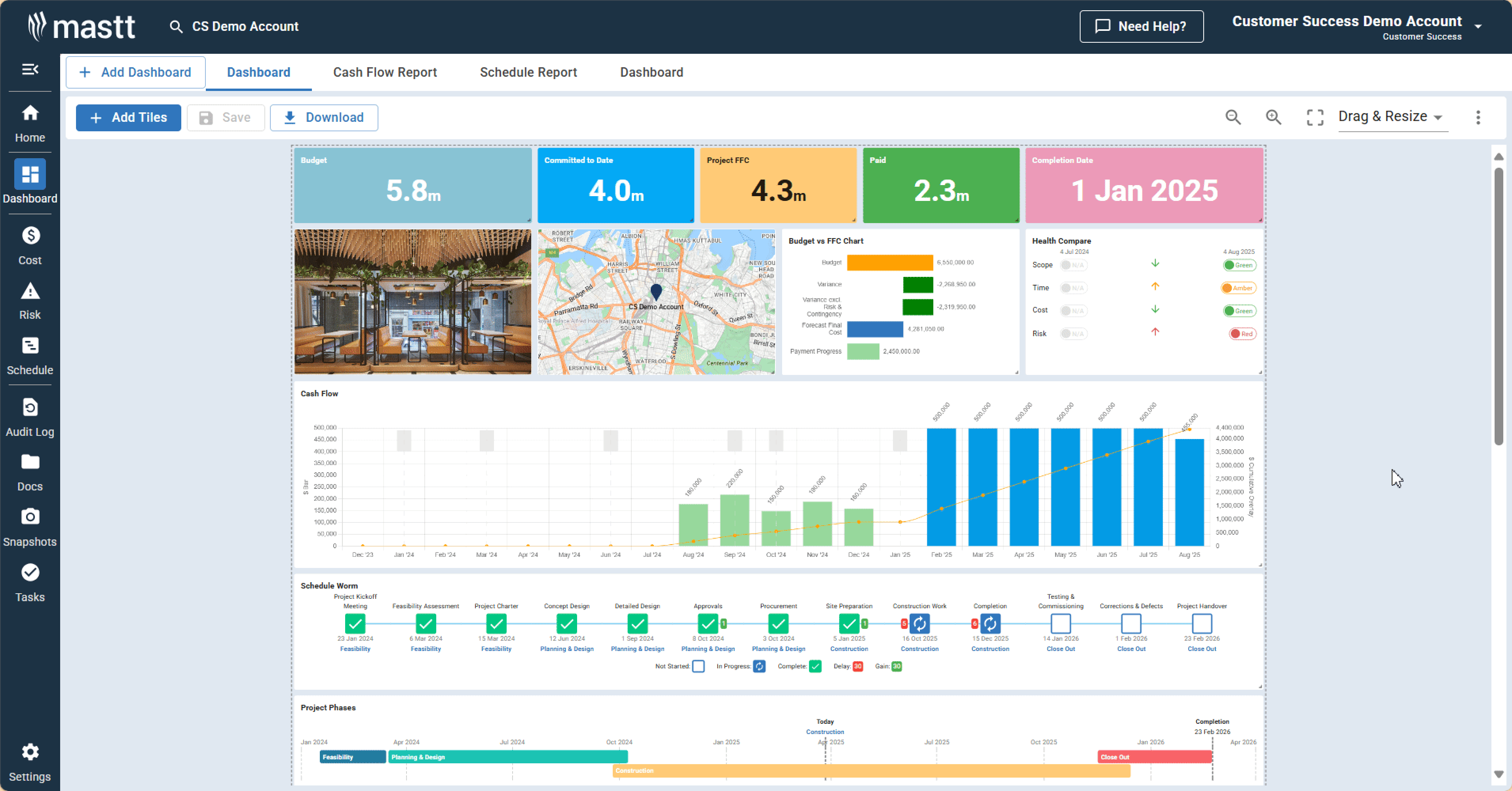 Mastt dashboard displaying live cost, schedule, and risk metrics
