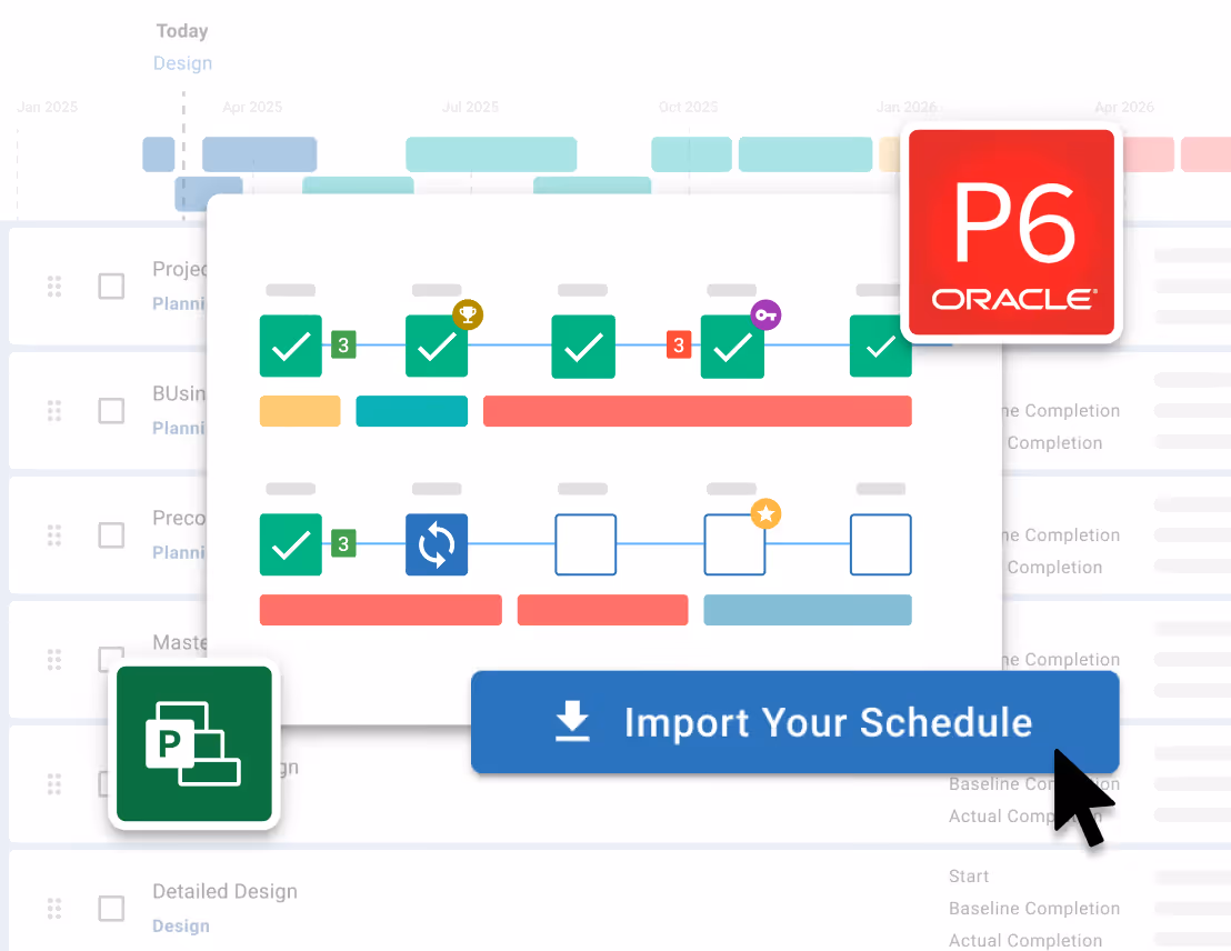 Project schedule imported from Microsoft Project and Primavera P6 displayed in a structured timeline view.