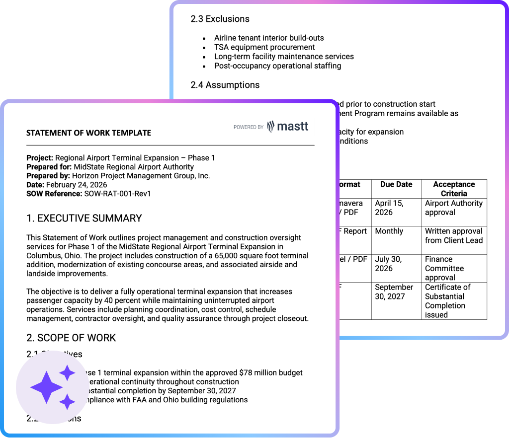 Statement of work template example showing executive summary, scope, exclusions, and acceptance criteria for a construction project