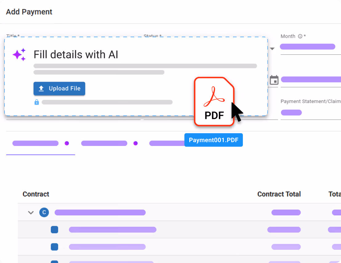 Add Payment form with AI fill and PDF upload.