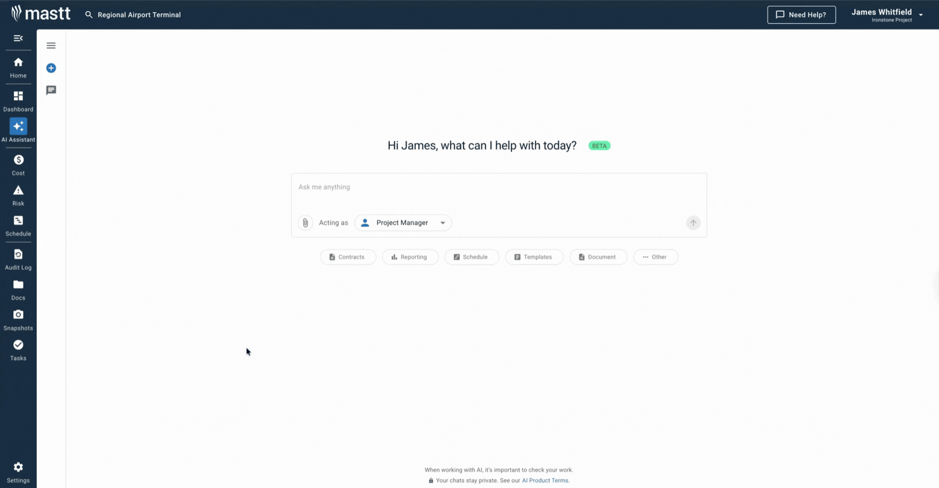 Mastt's AI Assistant chat interface generating a RACI matrix template to assign project roles instantly