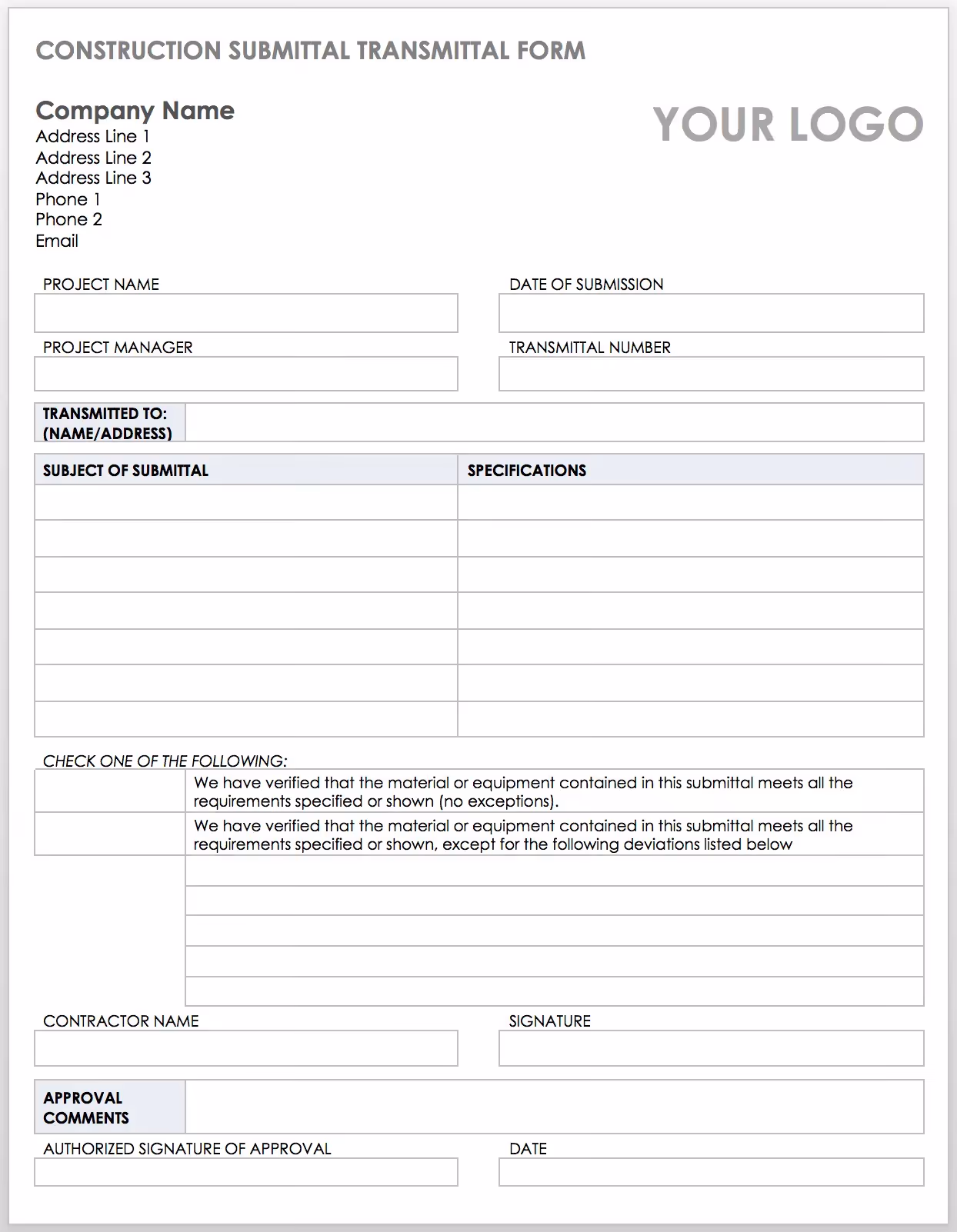 Transmittal form with project, recipient, and approval fields