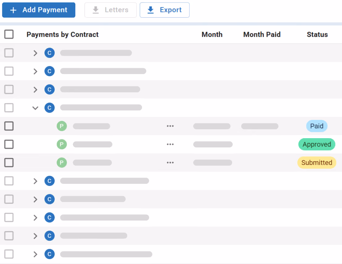 Payments dashboard with payment invoice status.