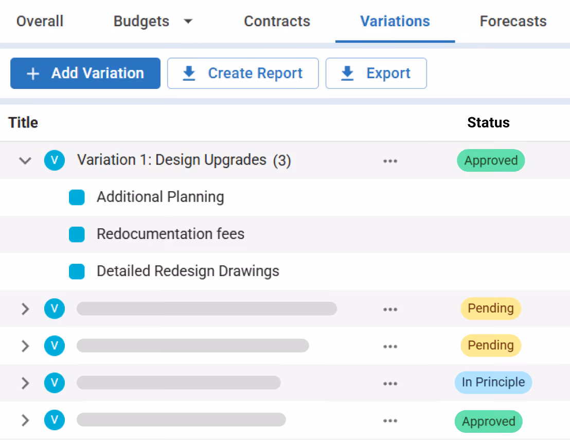 Variation register in Mastt with Approved and Pending statuses.