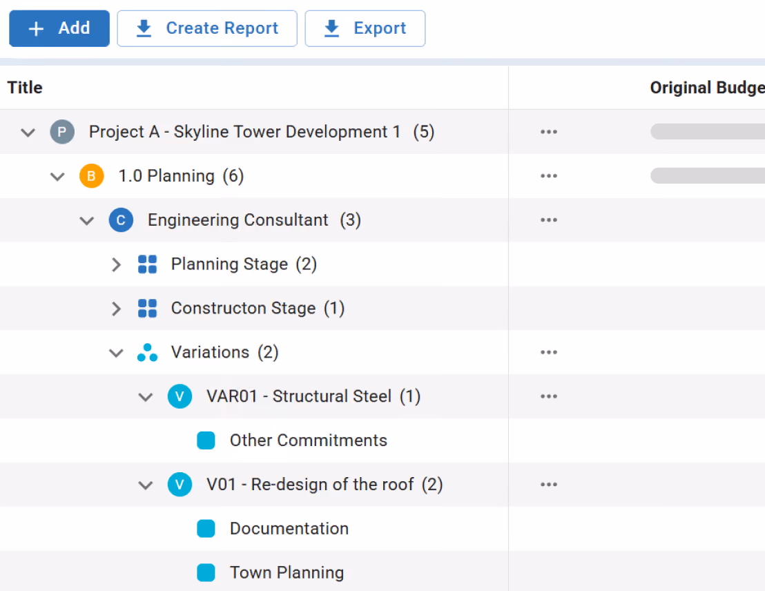 Mastt budget hierarchy displaying contract variations linked to cost categories and commitments.
