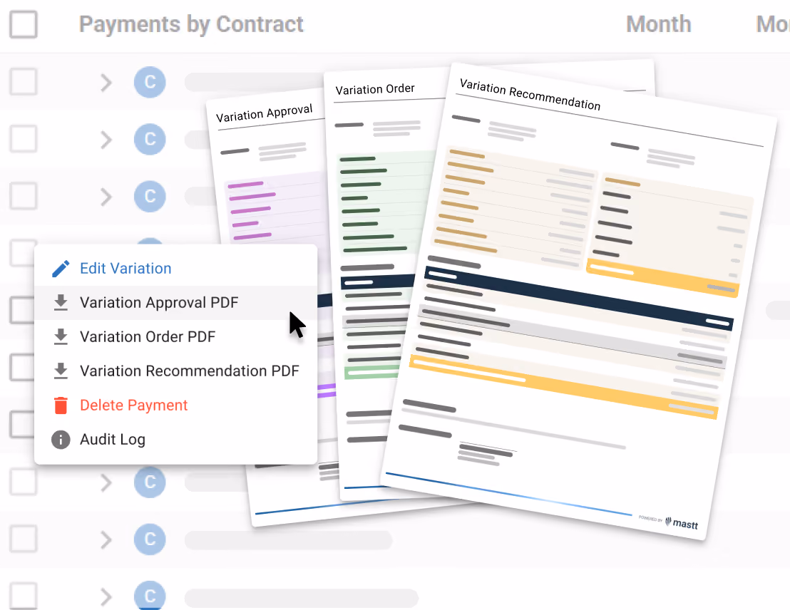Menu to generate variation approval and order PDFs in Mastt.