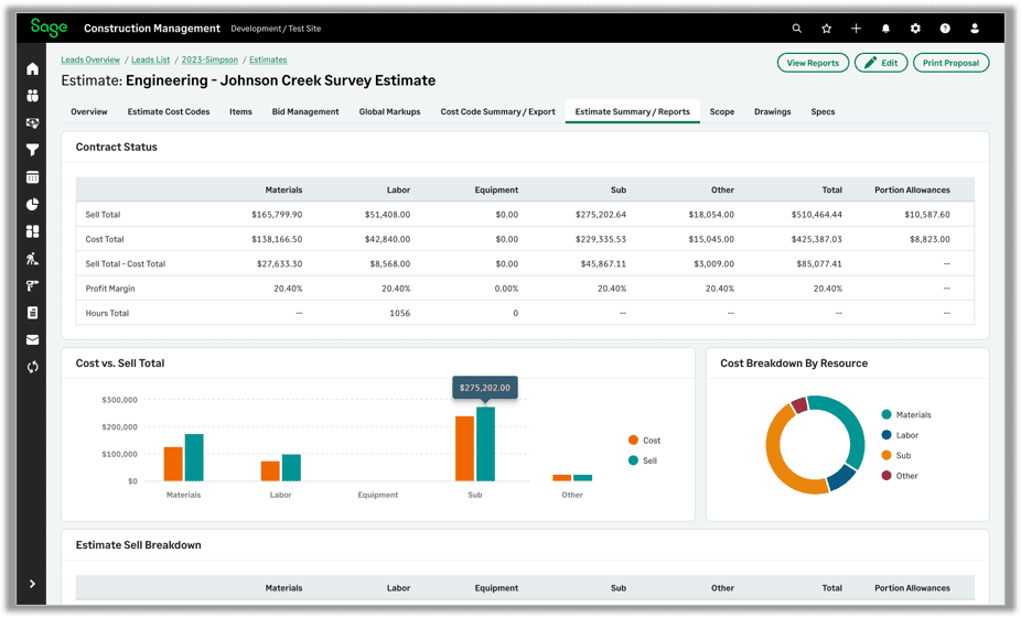 Sage Construction Suite estimate summary dashboard displaying cost breakdown and profit margins.