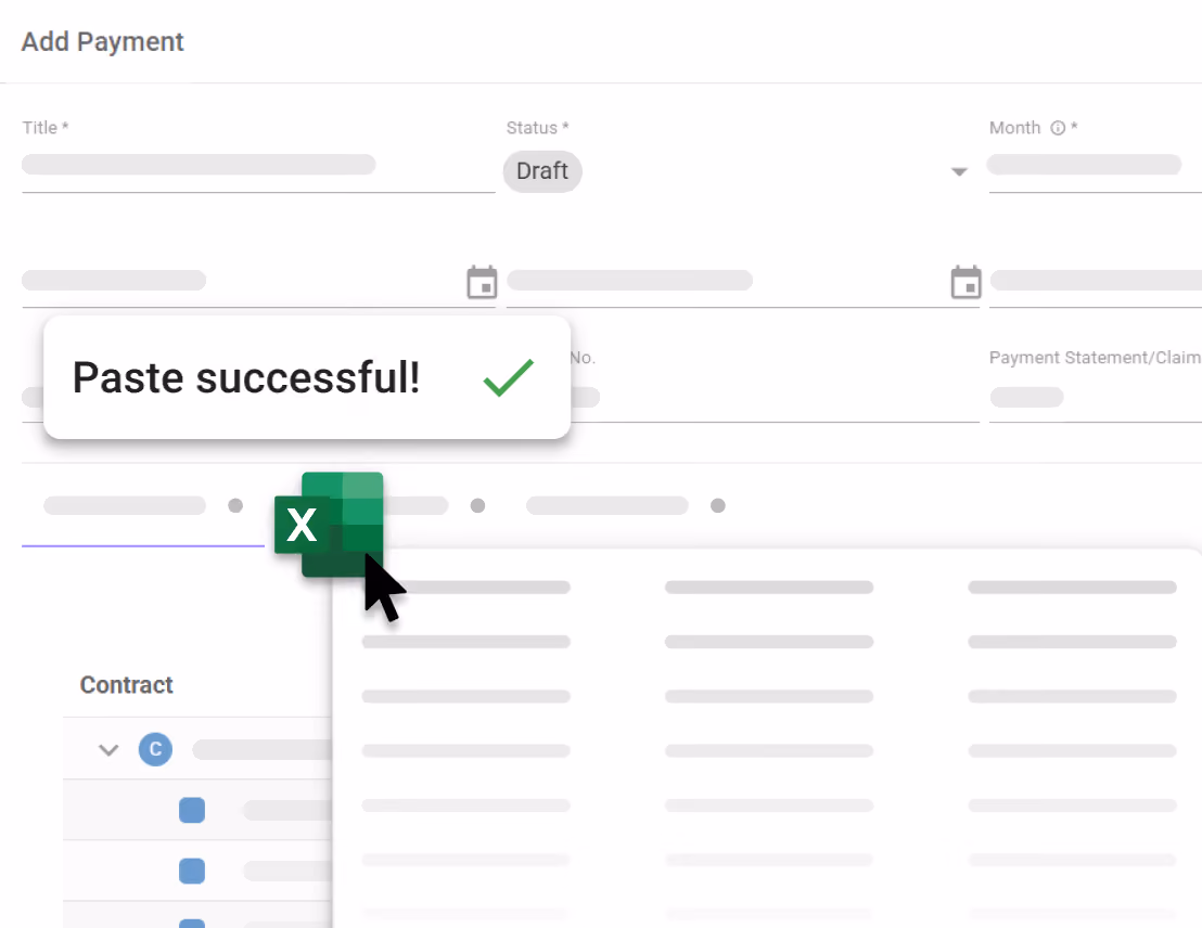 Add Payment screen with Excel paste confirmation.