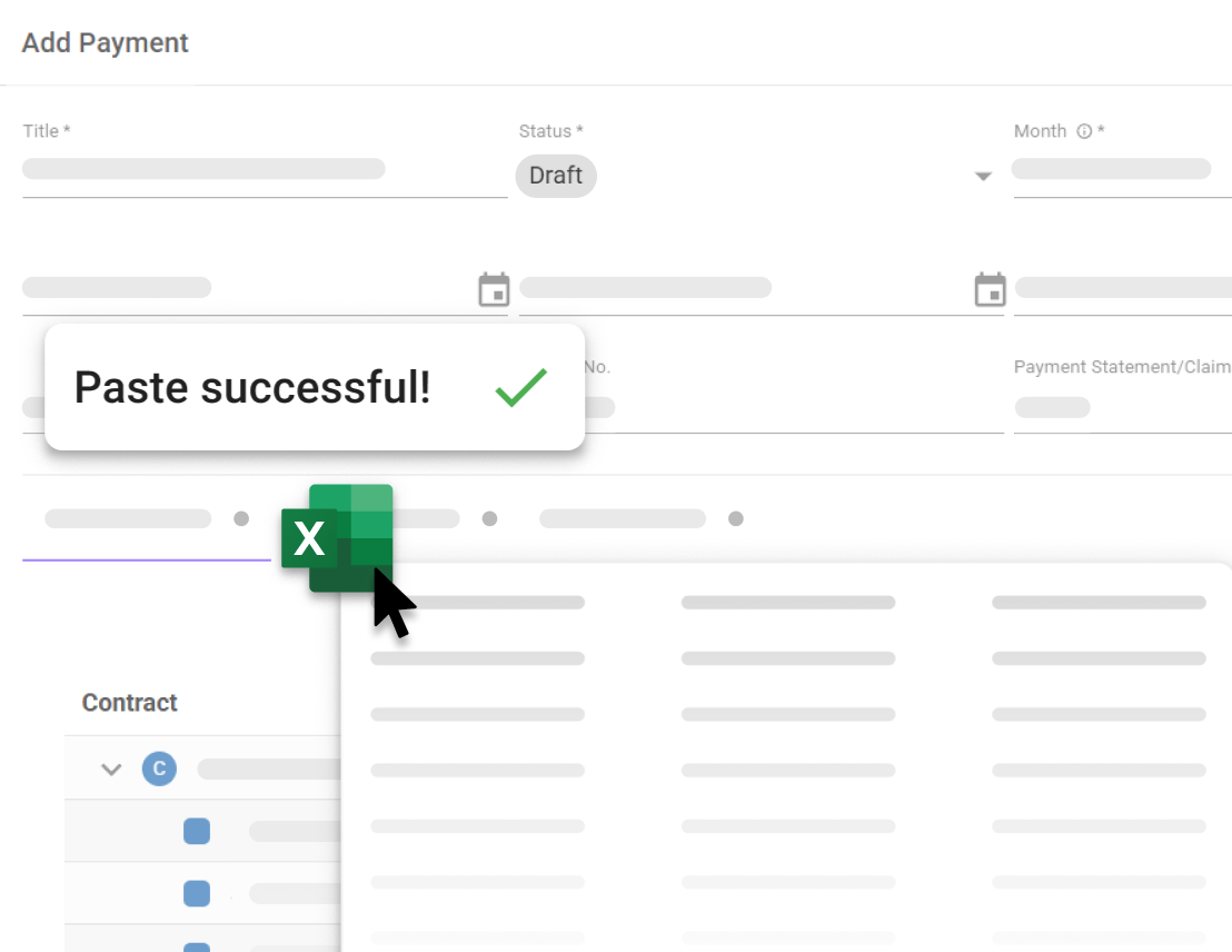 Add Payment screen with Excel paste confirmation.