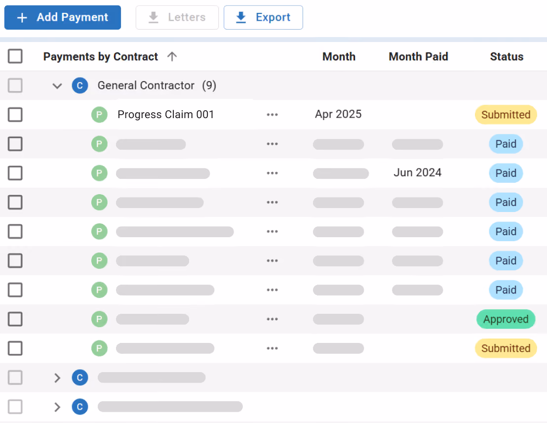 Progress claims under Payments by Contract with status indicators.