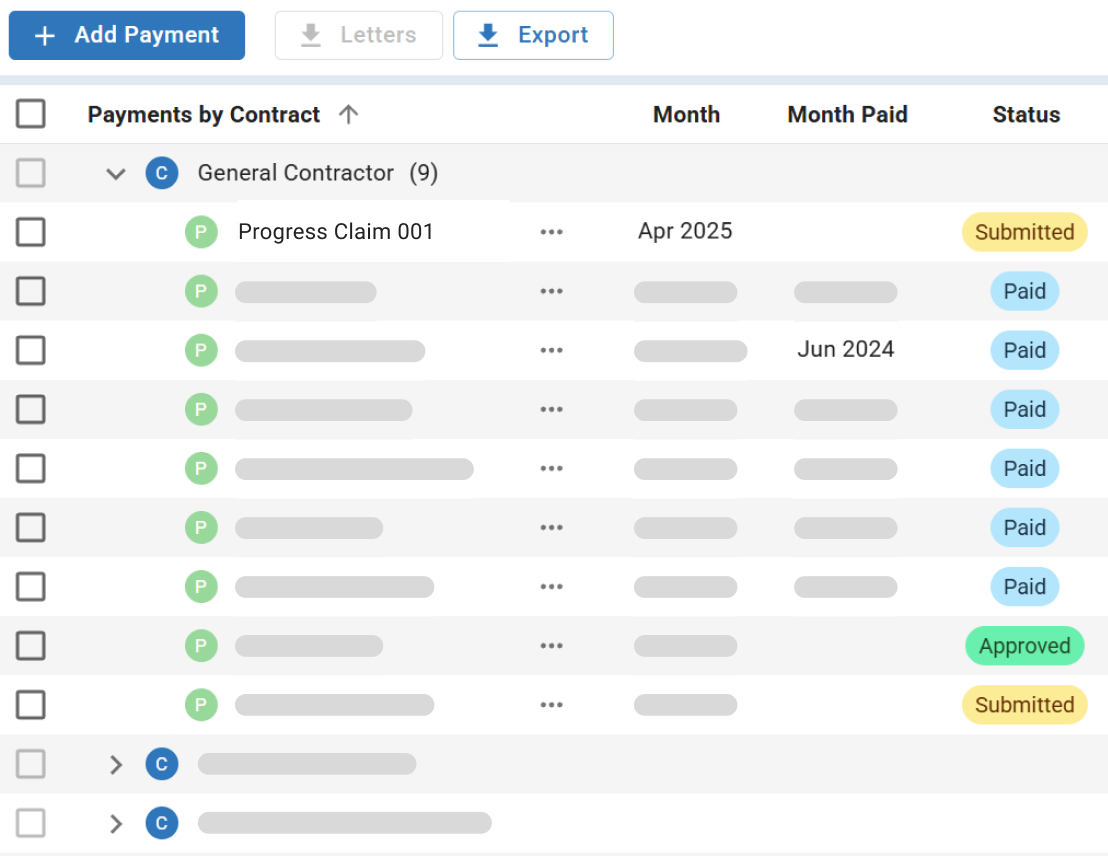 Progress claims under Payments by Contract with status indicators.