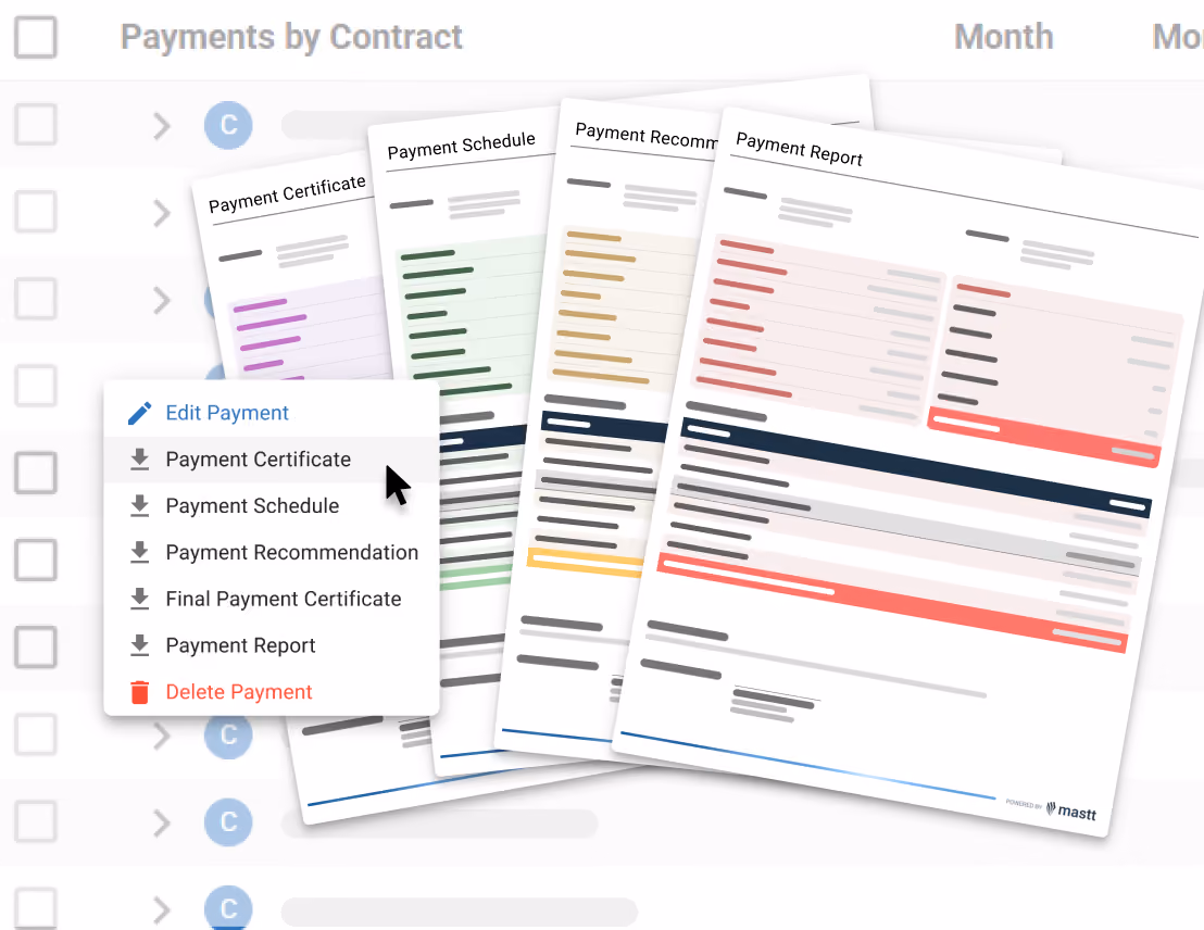 Options to generate payment certificates and reports from a progress claim.