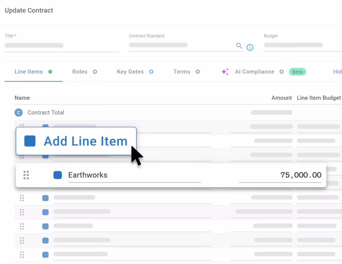 Add Line Item screen in Mastt displaying contract line items and assigned amounts.