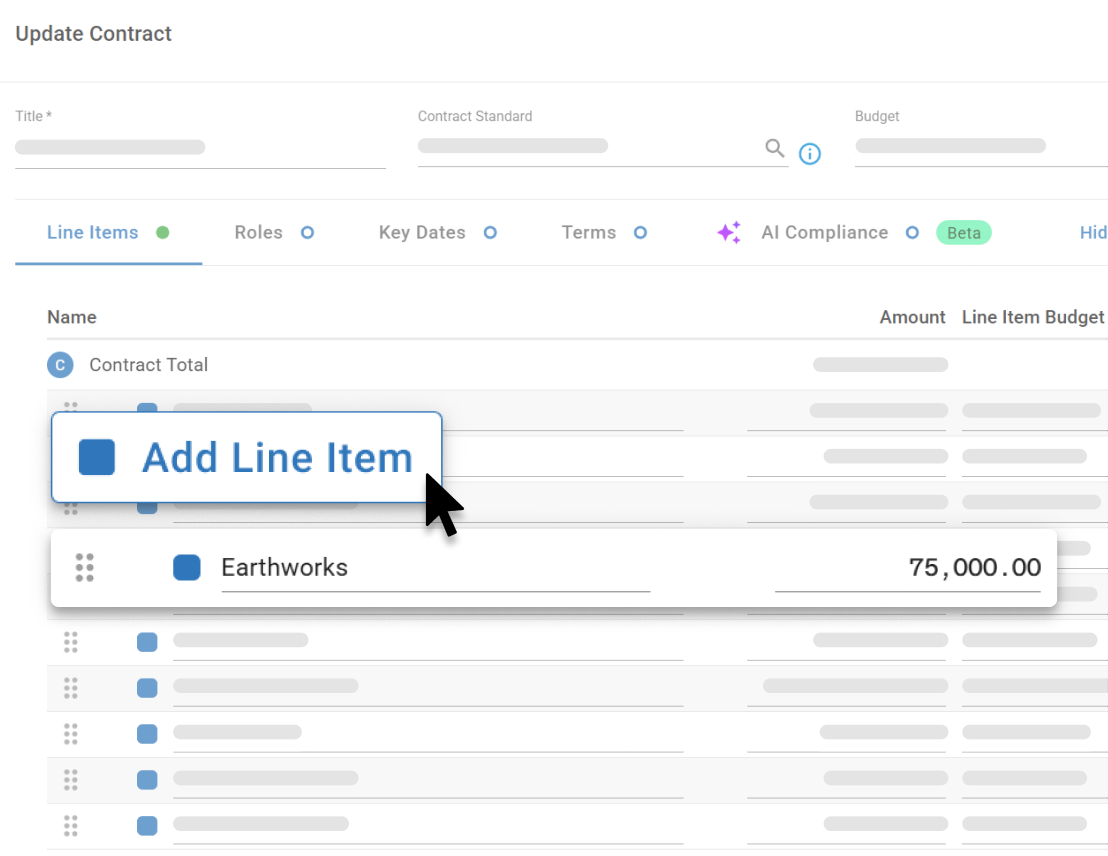 Add Line Item screen in Mastt displaying contract line items and assigned amounts.