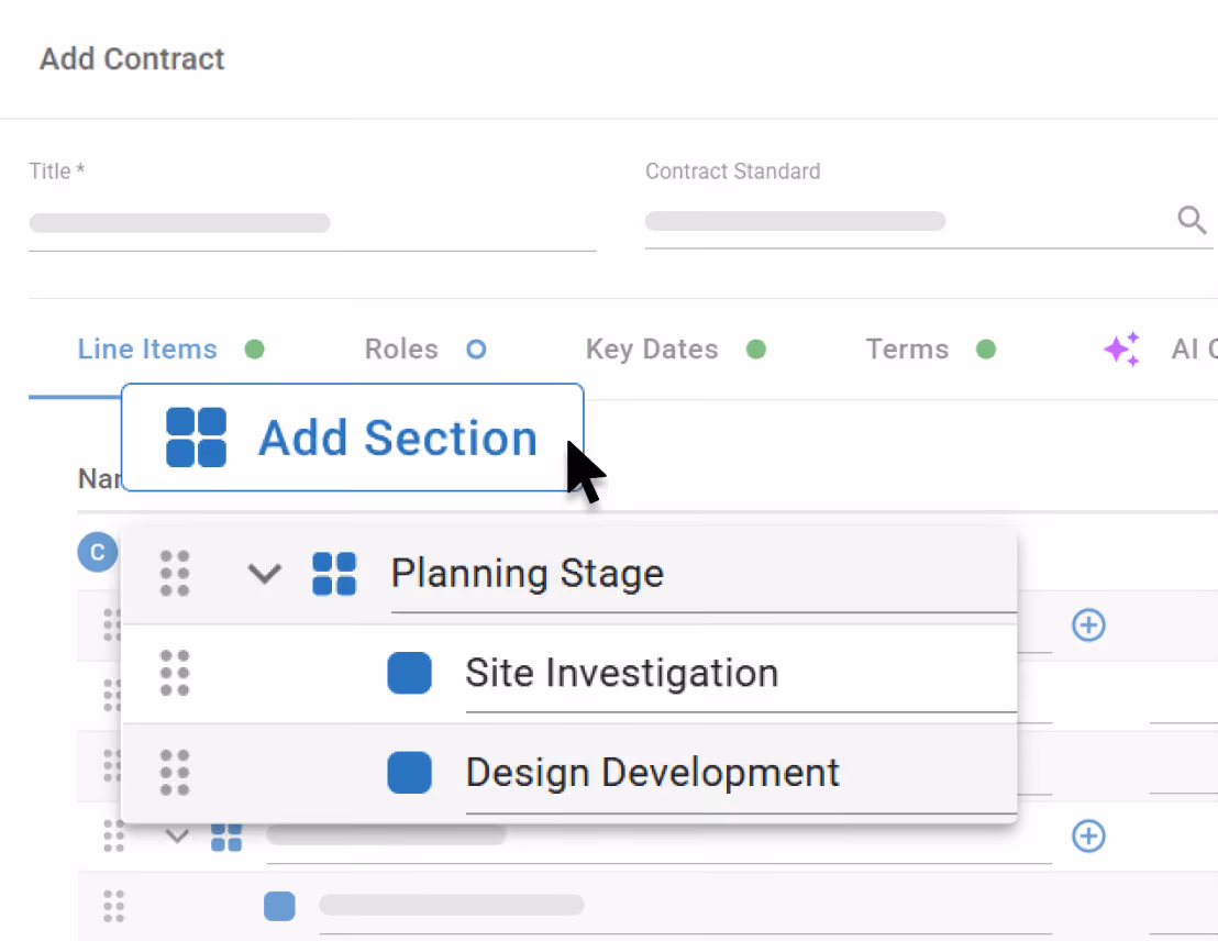 Add Section interface in Mastt showing sections and subsections within contract line items.