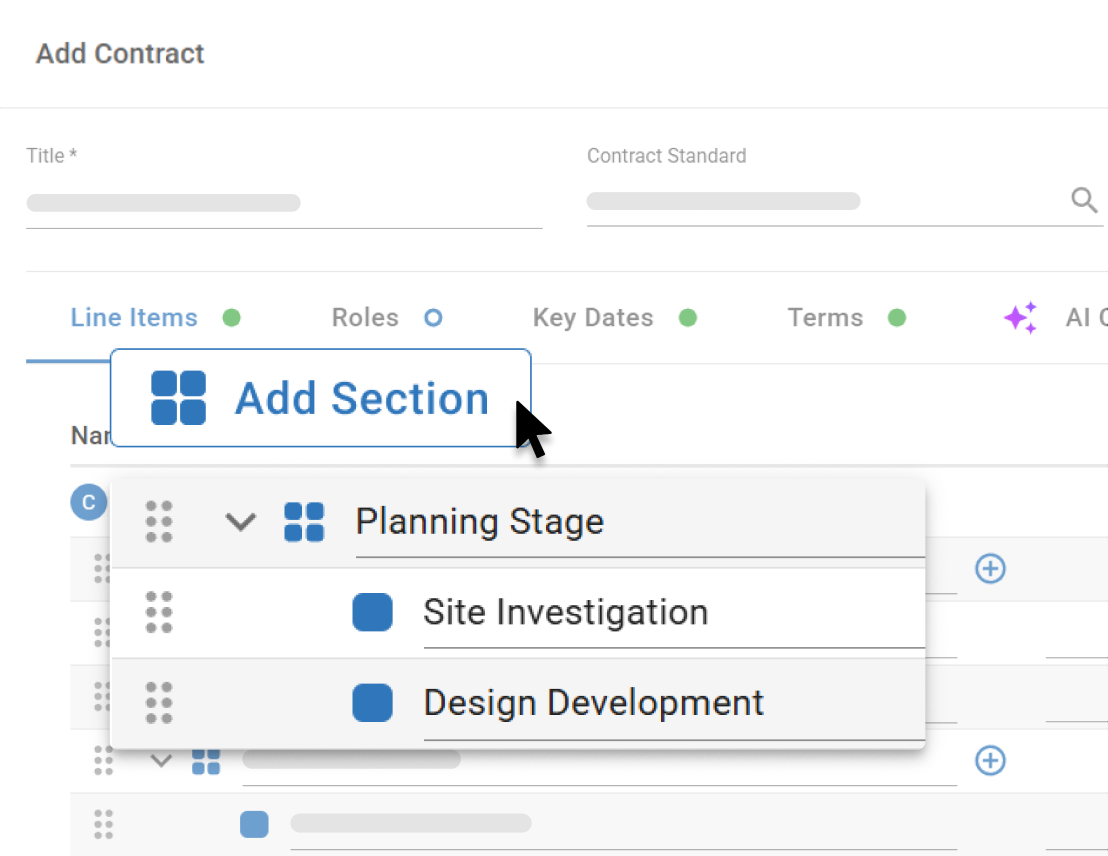 Add Section interface in Mastt showing sections and subsections within contract line items.