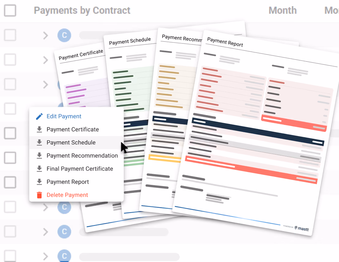 Menu to generate Payment Certificate, Payment Schedule, Payment Recommendation, Final Certificate, and Payment Report.