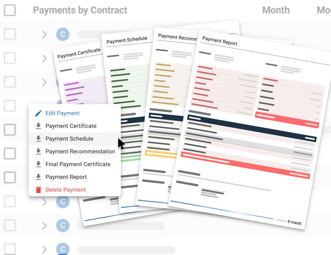 Menu to generate Payment Certificate, Payment Schedule, Payment Recommendation, Final Certificate, and Payment Report.