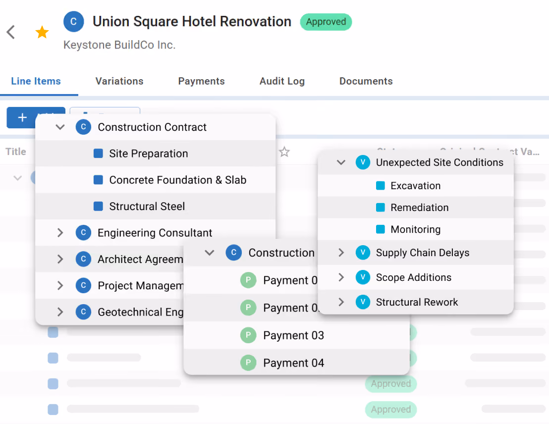 Dropdown view of contract line items, variations, and payments within a construction project in Mastt.