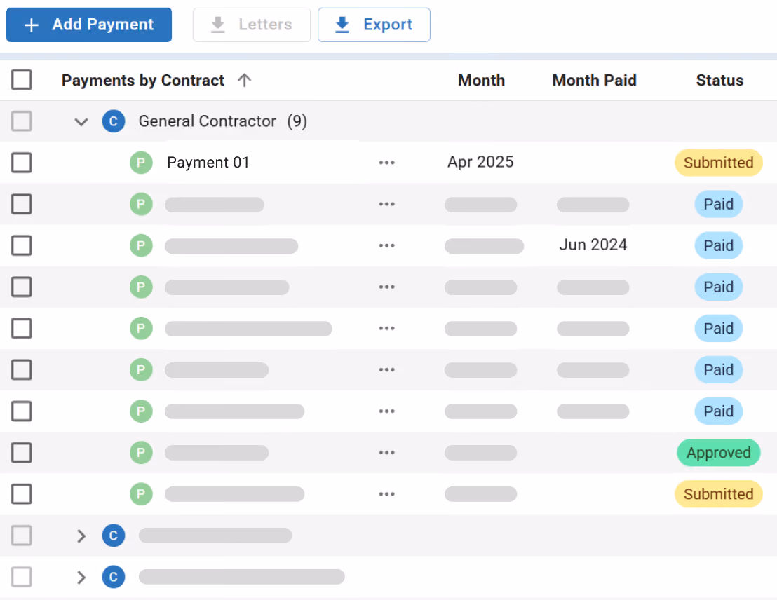 Payment register displaying applications for payment by contract with month, status, and payment details.