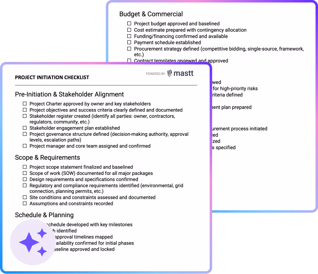 Project initiation checklist template showing stakeholder alignment, scope, schedule, budget, and procurement sections.