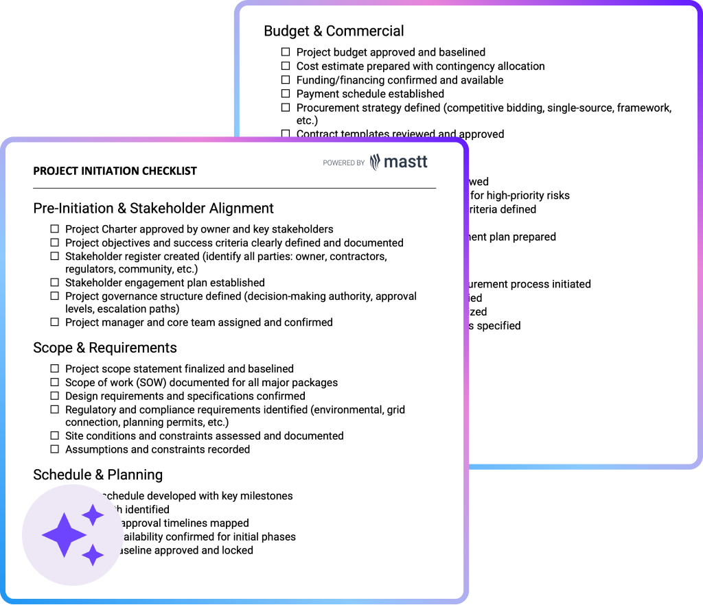 Project initiation checklist template showing stakeholder alignment, scope, schedule, budget, and procurement sections.