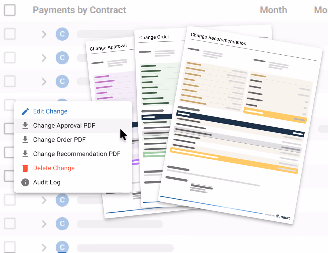 Menu in Mastt generating change order, change approval, and change recommendation PDFs.