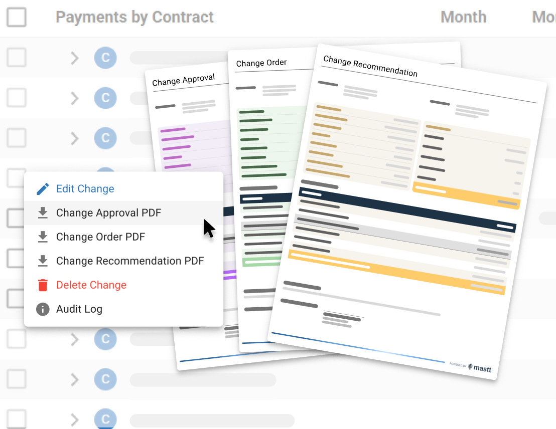 Menu in Mastt generating change order, change approval, and change recommendation PDFs.