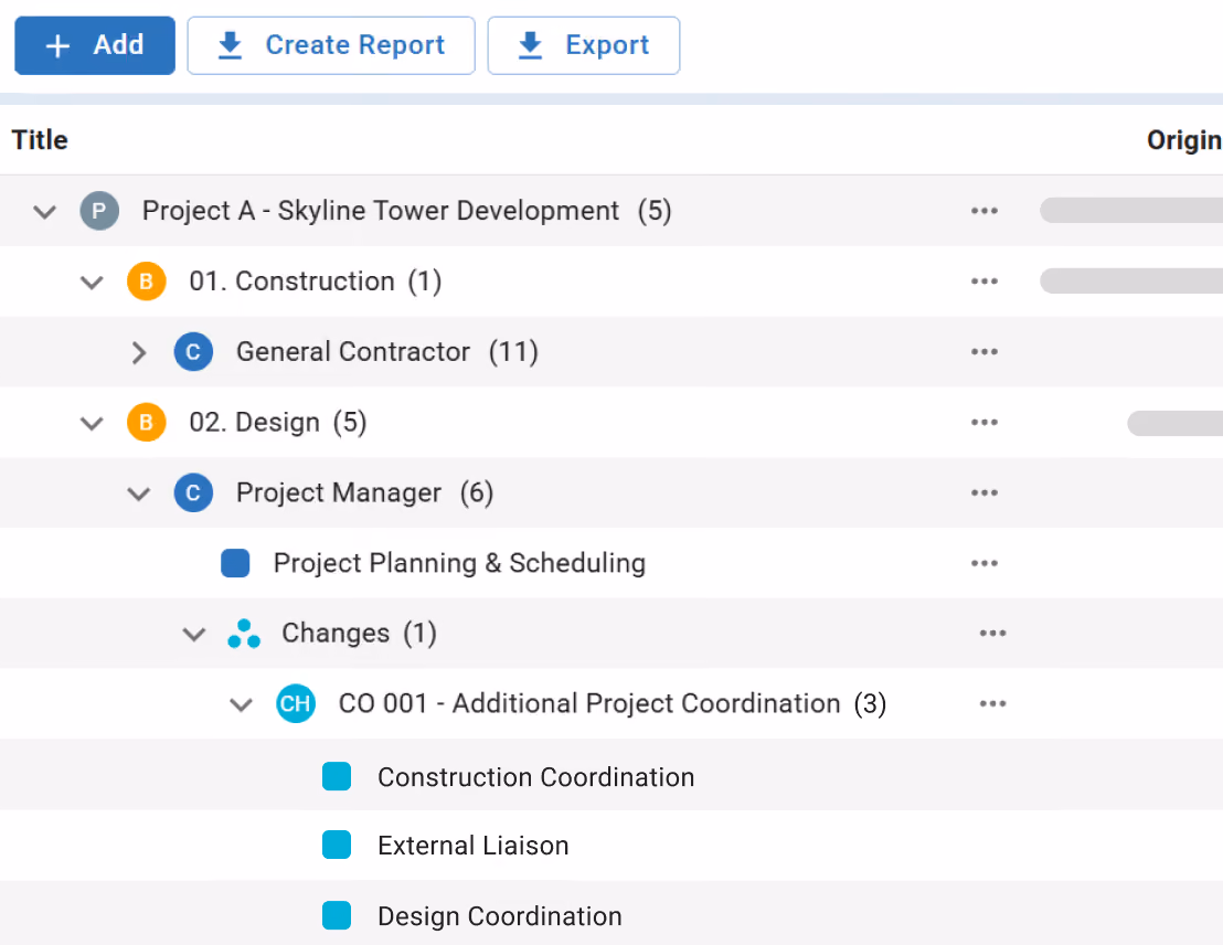 Project contract hierarchy displaying change orders linked to contracts and work packages.