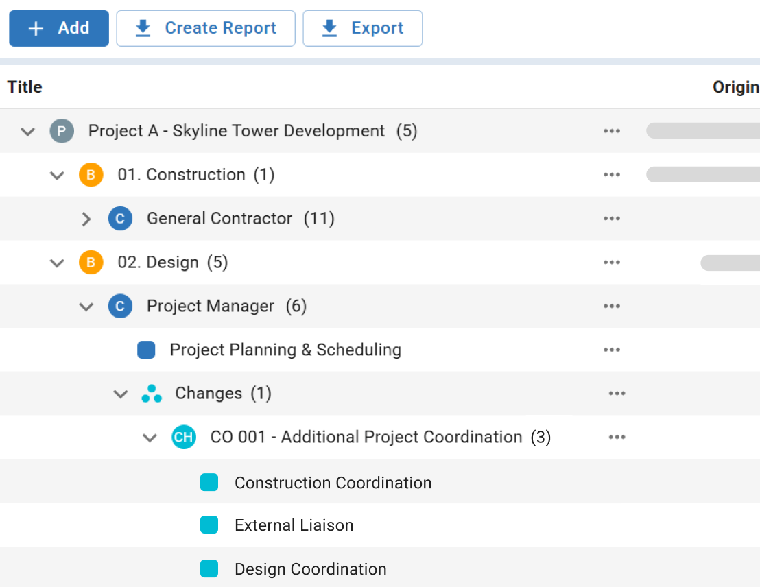 Project contract hierarchy displaying change orders linked to contracts and work packages.
