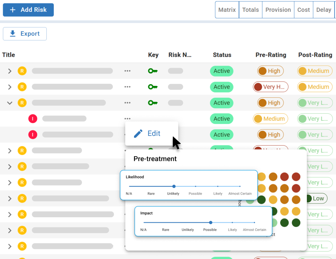 Pre-treatment likelihood and impact sliders in Mastt risk register.
