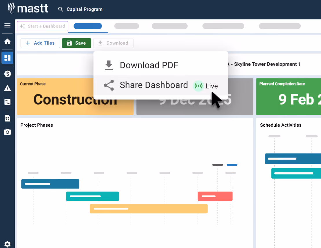 Mastt dashboard menu showing options to download a PDF or share the project dashboard via a live link.