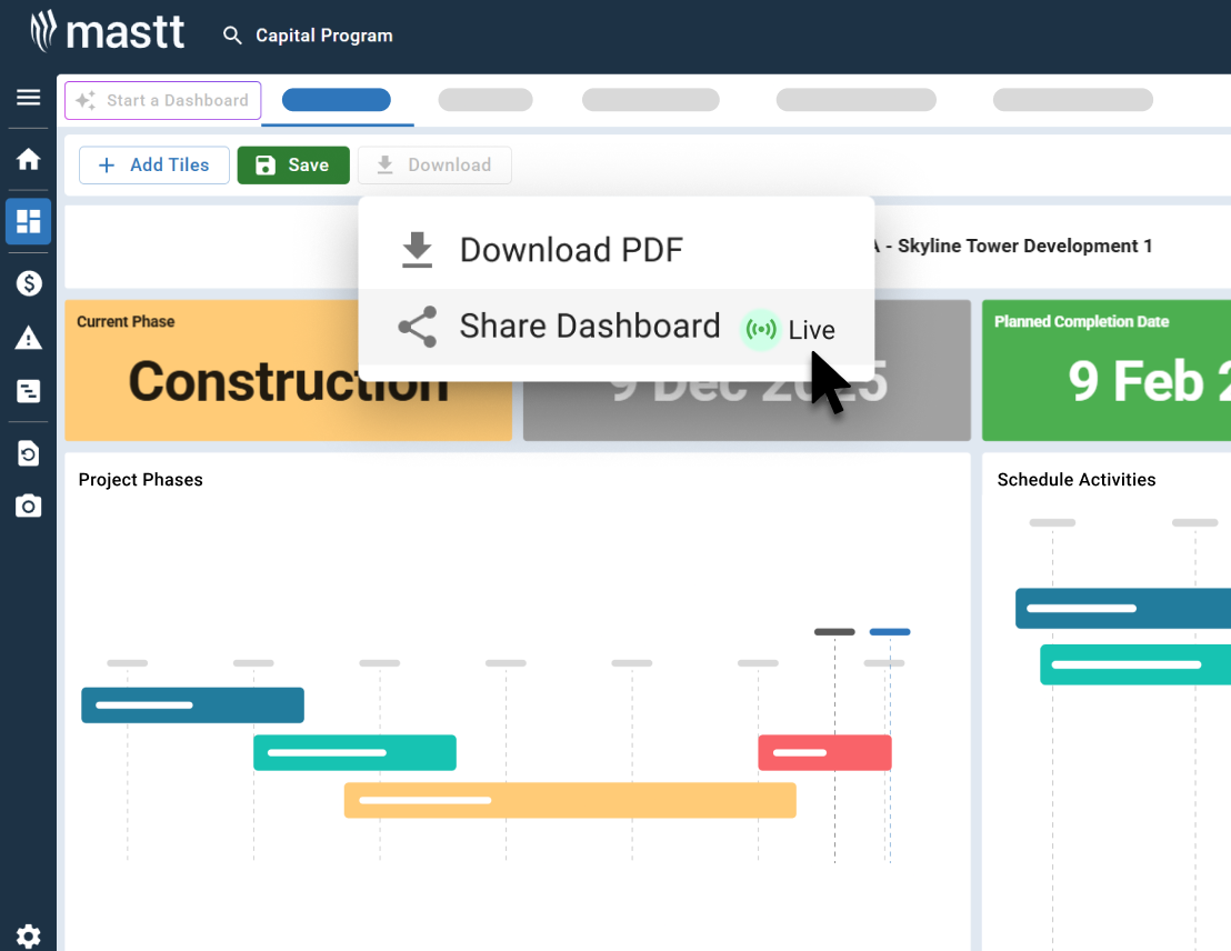Mastt dashboard menu showing options to download a PDF or share the project dashboard via a live link.