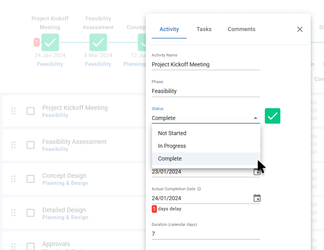 Mastt milestone activity panel showing status update and actual completion date for a project milestone.