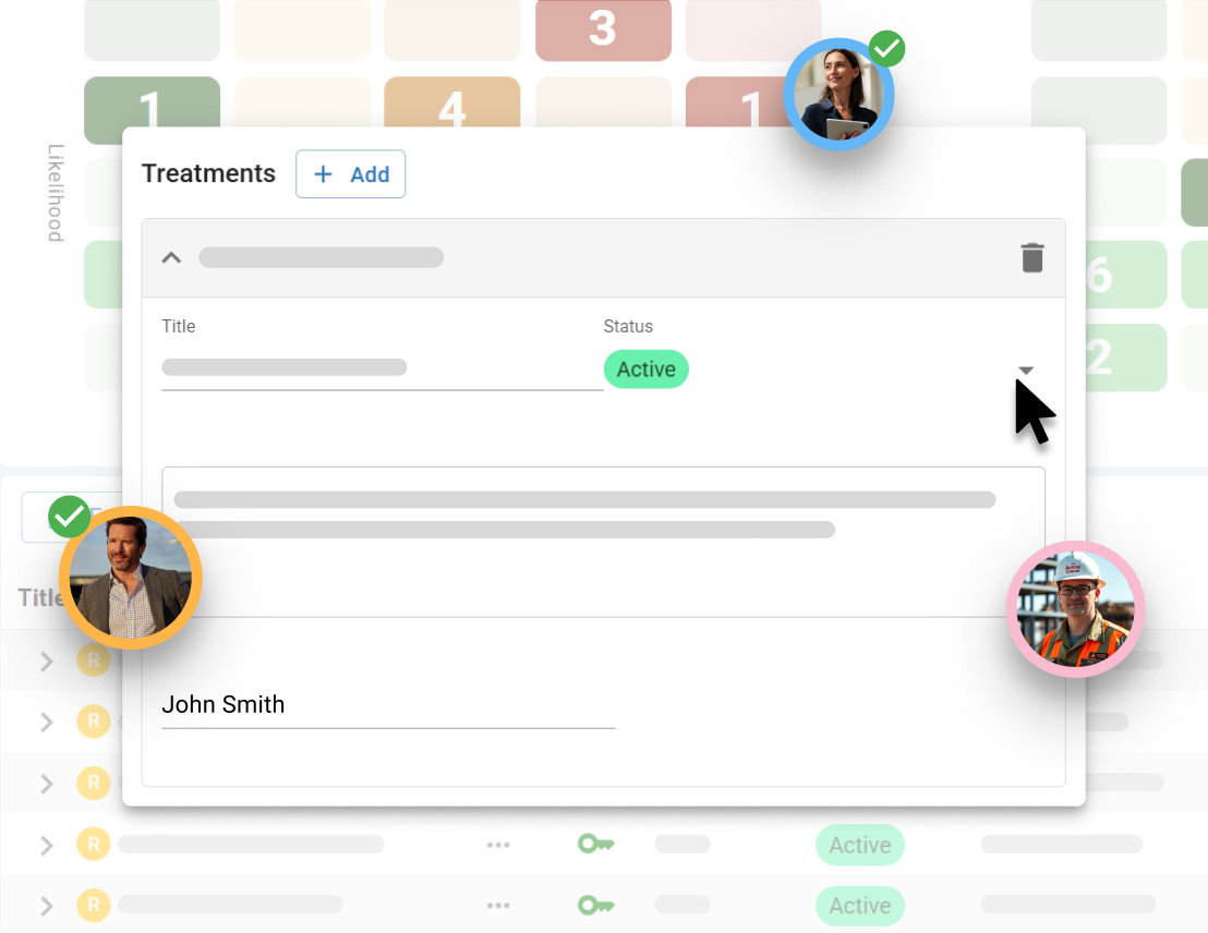 Assigning risk treatments in Mastt with owner, status, and mitigation details in the risk register.